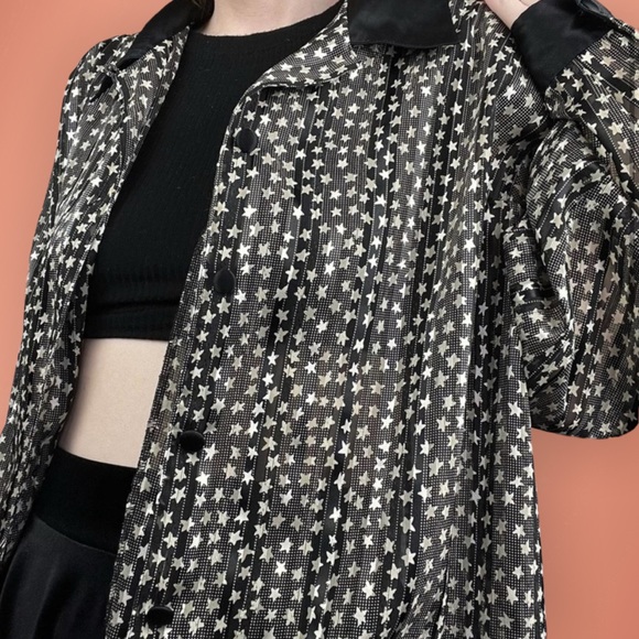 80s 90s Y2K Bohemian Witchy Black and White Stars Button Up Womens Size x large - Picture 2 of 11